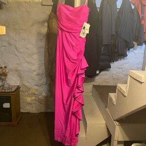 Honey and Rosie Strapless Hot Pink Ruffle Column Gown